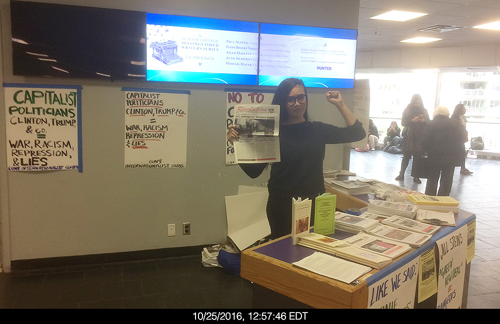 A Hunter student activist hawks newspapers with news fit to print.